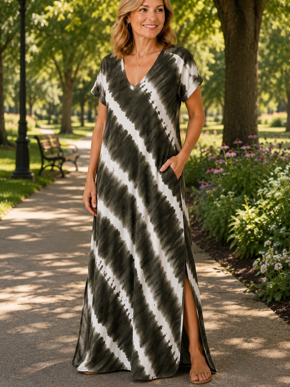 Est. 1946 Long Green-And-White Tie-Dye Print Dress Medium